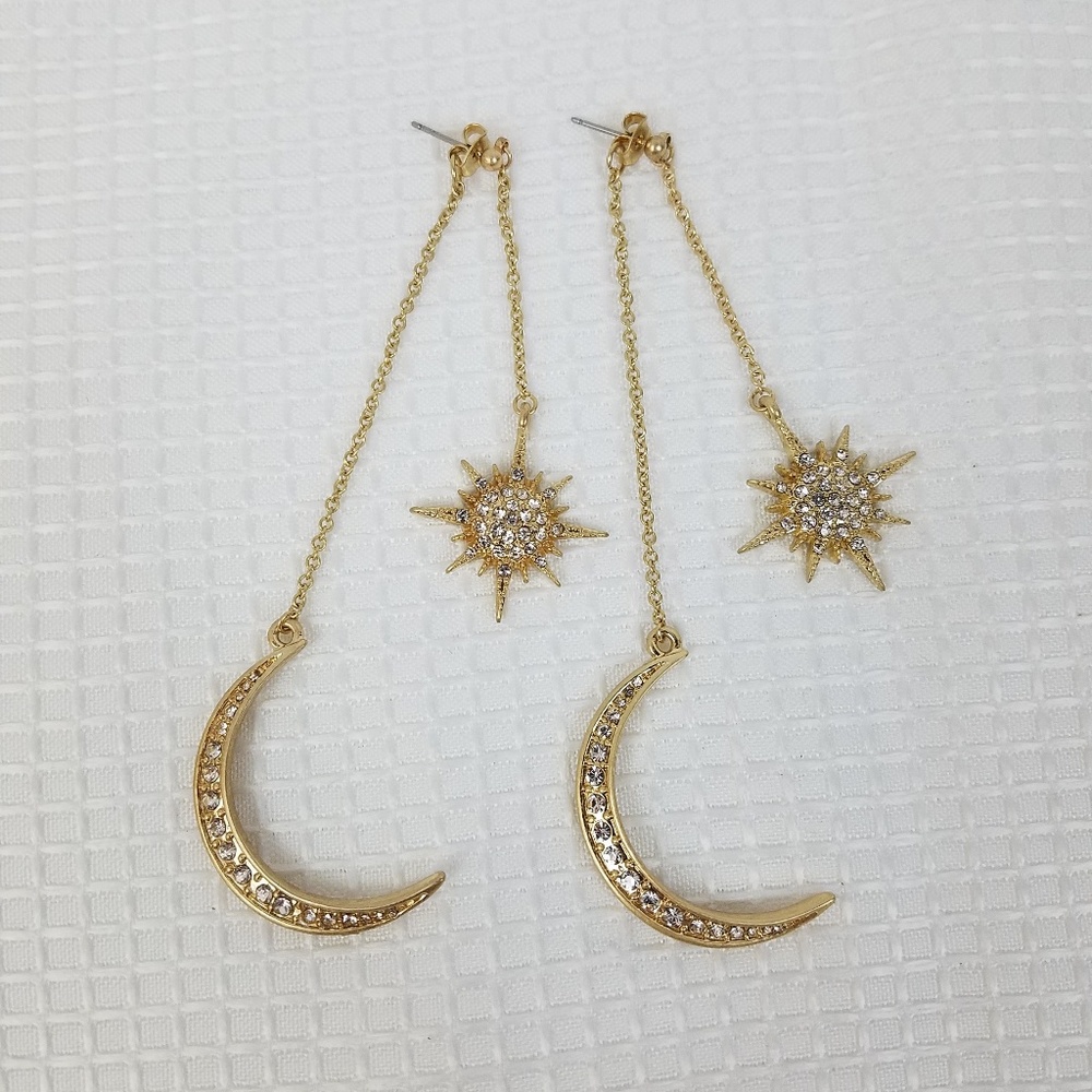 Celestial Statement Moon Starburst GOLD Earrings - Picture 3 of 8